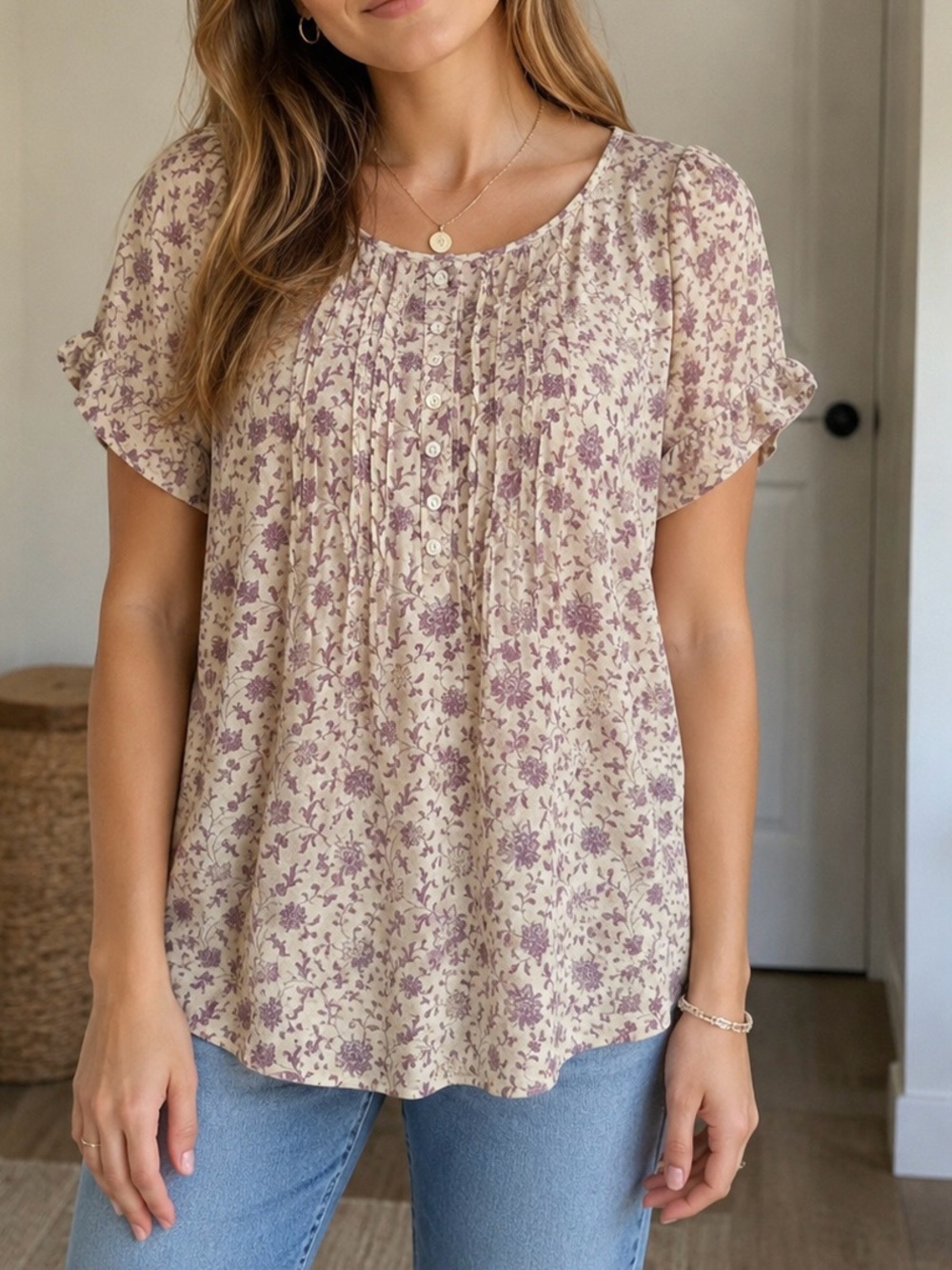 Blue Mountain Women's Purple & White Floral Short Sleeve Sheer Top - Size Medium